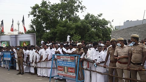 Party cardres gathered outside the hall where AIADMK General Council meeting is organised in Vanagaram