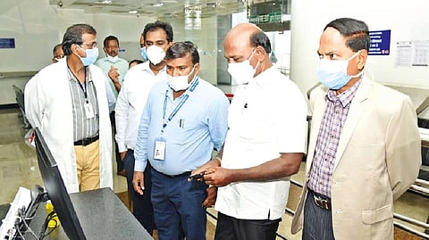 Health Minister Ma Subramanian inspecting the arrangements made to screen passengers for monekypox at Madurai airport on Tuesday