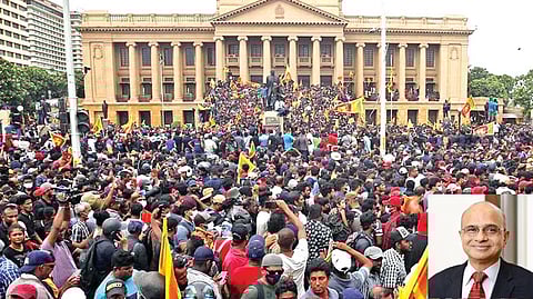 Sri Lankan protests; (inset) Brahma Chellaney