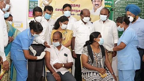 Minister Ma Subramanian at a vaccination camp