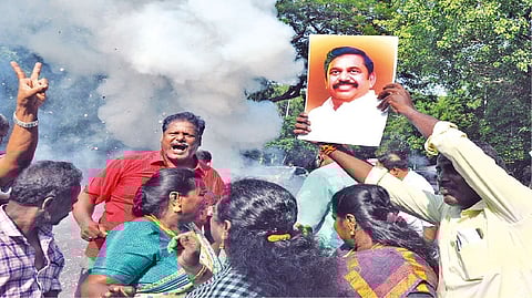 AIADMK cadre burst crackers in front of party interim general secretary Edappadi K Palaniswami?s residence on Wednesday