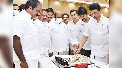 CM Stalin plays chess with Minister Meyyanathan Siva V during inspection of arrangements for the Chess Olympiad.