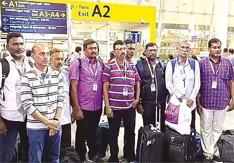 A batch of pilgrims who returned from Amarnath Yatra seen at the Chennai airport