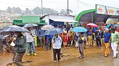 People with umbrellas at a market in The Nilgiris on Tuesday