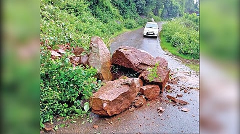 Boulders rolled down on Bikkatty Road Manjoor in the Nilgiris on Friday