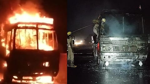 Lorry loaded with bricks caught fire near Chengalpattu