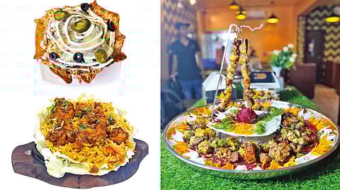(L) Taco cheese biryani; Sizzling chicken tikka biryani and 34 types of kebabs.