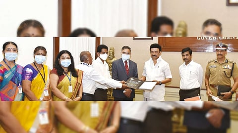 State Forensic Department officials showing the international standards ISO/IEC 17025:2017 certificate awarded to the headquarters unit to Chief Minister MK Stalin in Chennai on Friday