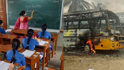 Damaged school buses that were set on fire by a mob in Kallakurichi
