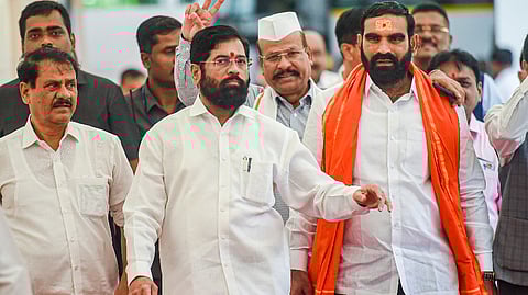 Maharashtra CM Eknath Shinde with rebel Shiv Sena MLAs during the Special session of Maharashtra Assembly, at Vidhan Bhavan