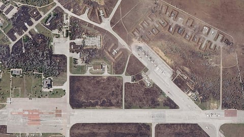 A satellite image by Planet Labs PBC shows Saki Air Base after an explosion there Wednesday