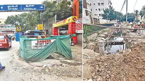 The incomplete trenching work and (right) overflowing sewage in an under-construction storm water drain on Millers Road