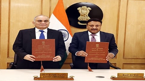 Chief Election Commissioner Rajiv Kumar and Election Commissioner Anup Chandra Pandey