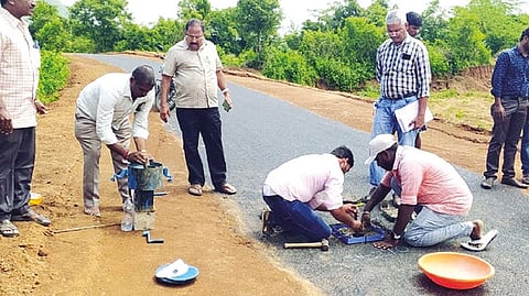 DRDA team inspecting a road in Jawadhu Hills on Monday.