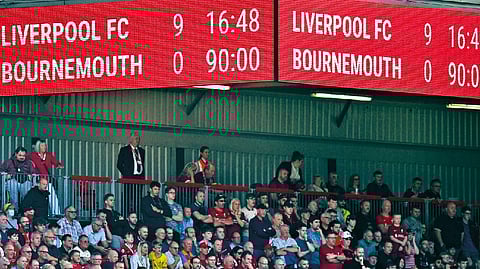 The scoreboard displays the 9-0 result after the Premier League match between Liverpool and Bournemouth on Saturday.