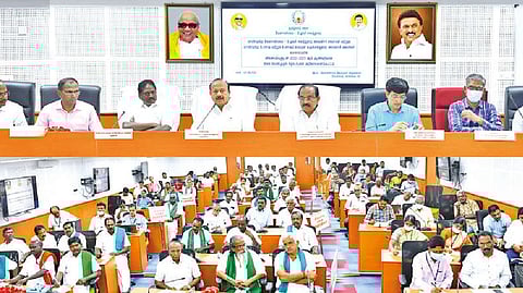 Minister for Agriculture MRK Panneerselvam and Food Minister R Sakkarapani during the grievances meeting with farmers in Chennai on Wednesday.
