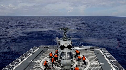 A Navy Force helicopter of PLA taking part in military exercises in the waters around Taiwan