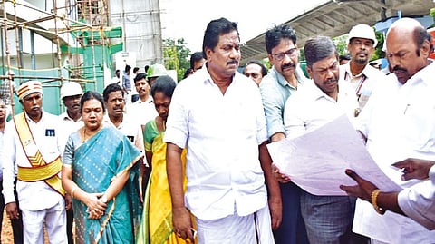 PWD Minister EV Velu inspecting the ongoing works at Kalaignar memorial library building in Madurai on Wednesday