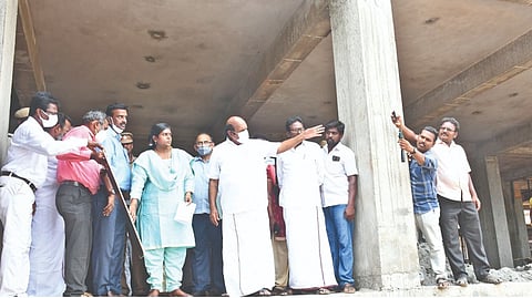Minister EV Velu inspecting the ongoing construction of Collectorate complex in Mayiladuthurai on Tuesday