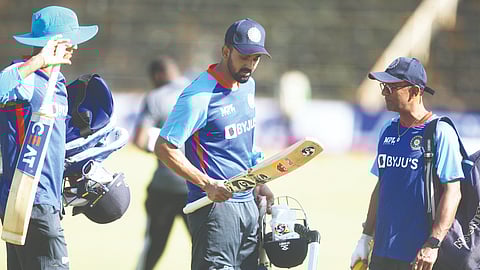 India captain KL Rahul inspects his bat on the eve of the first ODI against Zimbabwe in Harare.
