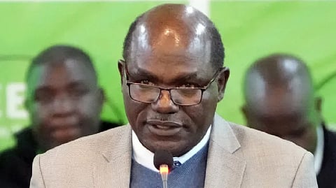 Electoral Commission (IEBC) Chairman, Wafula Chebukati, addresses media at the National Tallying Centre in Bomas of Kenya