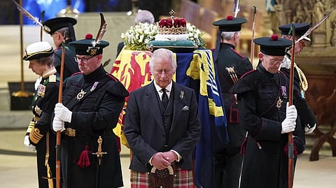 King Charles III and members of the royal family hold a vigil at coffin of Queen (AP)