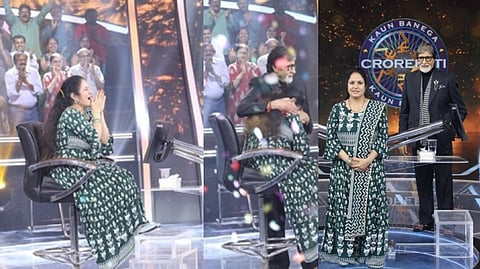 Kavita Chawla celebrating her win; Kavita with Amitabh Bachchan