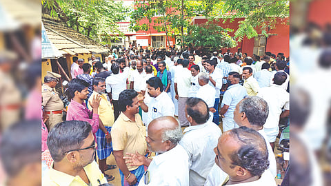 PMK members staging a protest in front of the Jayankondam police station on Tuesday.