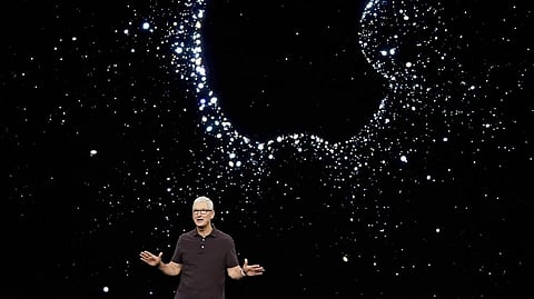 Apple CEO Tim Cook speaks at an Apple event on the campus of Apple's headquarters in Cupertino.