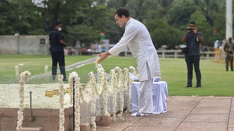 Congress leader Rahul Gandhi pays floral tribute at his father's memorial in Sriperumbudur.