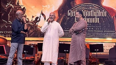 Director Mani Ratnam with Rajinikanth and Kamal Haasan on the stage at Nehru Stadium for the trailer & audio launch of Ponniyin Selvan-1