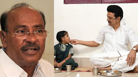 PMK Founder S Ramadoss (L), Chief Minister MK Stalin launches free breakfast scheme at Athimoolam Corporation primary school in Madurai (R)