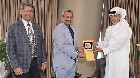 Newly-elected AIFF president Kalyan Chaubey and Secretary General Shaji Prabhakaran on Sunday met Qatar Football Association chief Sheikh Hamad Bin Khalifa Bin Ahmed Al-Thani