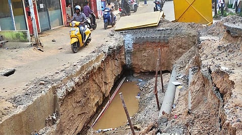 A road dug up for laying metro water pipes