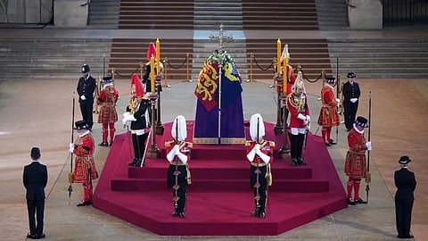Queen's coffin draped in Royal Standard lying in London's Westminster Hall for public to pay their respects