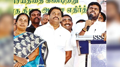 BJP state president K Annamalai addressing a protest meeting