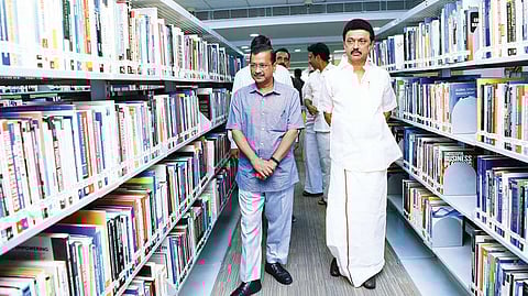 Delhi Chief Minister Arvind Kejriwal visiting the Anna Centenary Library with Chief Minister MK Stalin