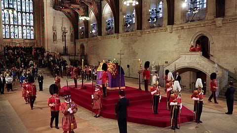 Queen's coffin draped in Royal Standard lying in London's Westminster Hall for public to pay their respects