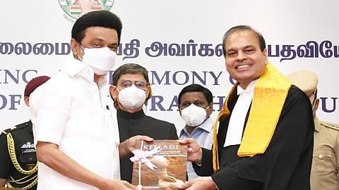 Chief Minister M K Stalin with Madras High Court Chief Justice Munishwar Nath Bhandari