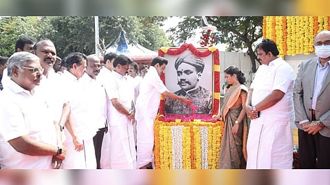 CM MK Stalin with Tamil Nadu Ministers, MPs, MLAs, representatives of local bodies, senior government officials, and important dignitaries paying floral tribute to freedom fighter VO Chidambaram Pillai
