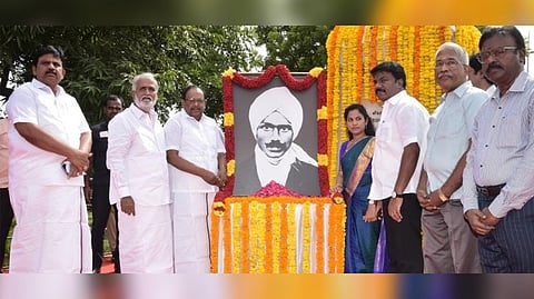 Law Minister S Raghupathi, HR&CE Minister P K Sekar Babu and GCC Mayor R Priya honoured Bharathiyar on his death anniversary