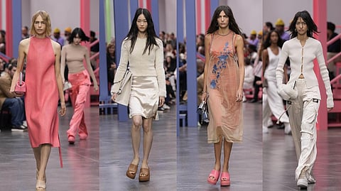 Models wearing a creation as part of the Fendi women's Spring Summer 2023 collection presented in Milan, Italy.
