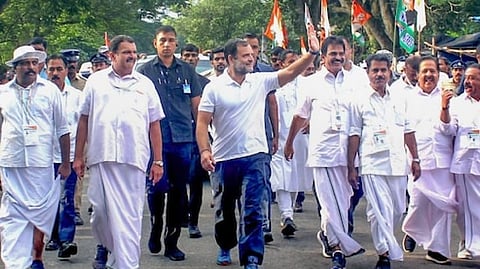 Congress leader Rahul Gandhi waves at supporters during the 'Bharat Jodo Yatra', at Kazhakootam-Parippally National Highway in Thiruvananthapuram district.