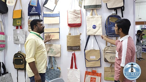 Various products, including edible cups, plates, cloth bags, well -being products are displayed