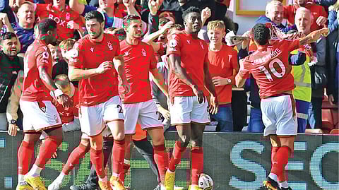 Nottingham Forest?s Taiwo Awoniyi (centre) celebrates with teammates after scoring the winning goal against Liverpool