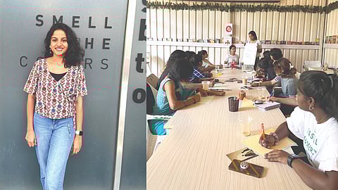 Ezhil Meena (Left); Participants engaging in an activity.