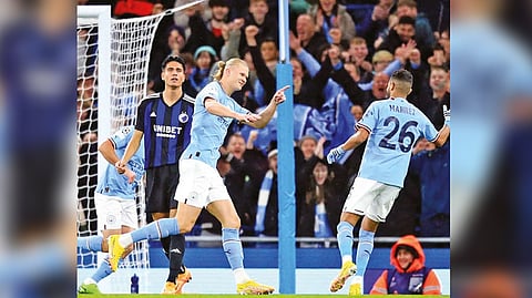Manchester City?s Erling Haaland celebrates after scoring a goal against FC Copenhagen.