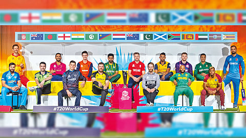 The captains of the participating countries pose with the ICC World T20 trophy in Melbourne on Saturday