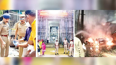 DGP C Sylendra Babu inspecting the blast site; police personnel deployed in front of Konniyamman Temple and a video grab of Fire and Rescue
Service personnel dousing the fire after the car blast in Coimbatore on Sunday.