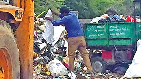A sanitary worker found dumping garbage near Nanmangalam lake